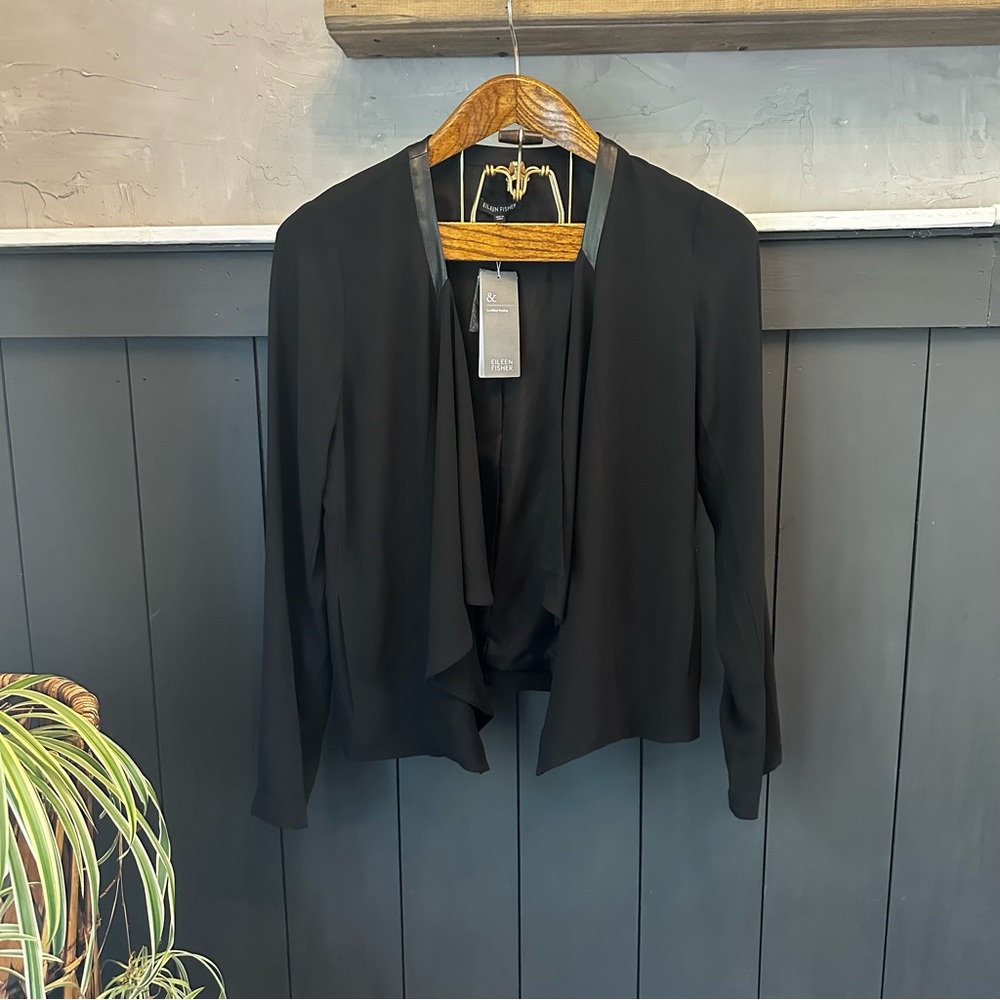 Eileen Fisher Black Silk Drape Leather Trim Front Jacket Open Blazer NWT